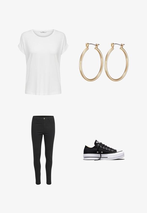 Weißes Kurzarm-T-Shirt aus weicher Baumwolle. Mit rundem Halsausschnitt und umgeschlagenen Ärmeln. Einfaches Design ohne Muster oder Akzente.; Schwarze Skinny-Jeans mit glattem Stoffgefühl, ausgestattet mit einem vorderen Knopfverschluss, fünf Taschen und einem eng anliegenden Schnitt.; Schwarzer Canvas-Sneaker in Low-Top-Form mit weißer Gummisohle auf Plateau, schwarzen Schnürsenkeln und Metallösen vor weißem Hintergrund.; Goldfarbene Metall-Ohrringe in Form von Kreisen mit einem glatten, runden Design und einem gesicherten Klappverschluss. Leicht und mit einer polierten Oberfläche.