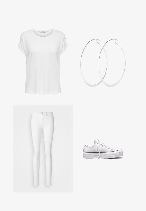 Weißes Kurzarm-T-Shirt aus weicher Baumwolle. Mit rundem Halsausschnitt und umgeschlagenen Ärmeln. Einfaches Design ohne Muster oder Akzente.; Weiße, schmale Jeans aus einem dehnbaren Baumwollmix, mit vorderen Taschen, einem Reißverschluss und einem einzelnen Knopfverschluss.; Weißer Sneaker aus Segeltuch mit niedrigem Schnitt, weißen Schnürsenkeln, Gummisohle, schwarzen Streifendetails und Logopatch auf der Zunge und Ferse.; Silberne Creolen mit einem dünnen, glatten Design; länglich-ovale Form; polierte Oberfläche; ausgestattet mit einem sicheren Hakenverschluss.