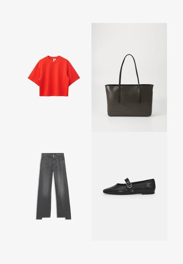 Lys rød kortærmet cropped t-shirt med rund hals, vist fladt på hvid baggrund.; Grå denim jeans med vid benåbning, der har et klassisk fem-lomme design og subtil falming over stoffet.; Sorte læder flade sko med rund tå, et enkelt justerbart spænde og en glat, blank overflade. Minimalistisk design med en lav hæl.; Sort tote bag med lange hanke og et gentaget beige geometrisk mønster på en glat overflade, mod en simpel lys baggrund.