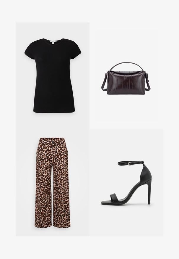 Camiseta negra ajustada de manga corta con cuello redondo acanalado, mostrada extendida sobre un fondo claro.; Even&Odd Petite P-EO-AW21-A-003-SP / PETITE_TAILORED WIDE LEG TROUSERS - Pantalones - brown; Sandalia de tacón alto negra con un diseño elegante, que cuenta con una correa en el tobillo, punta abierta y una textura de cuero suave.; Bolso de cuero marrón oscuro con una superficie texturizada y a rayas. Cuenta con un asa superior y una correa de hombro ajustable. Forma rectangular.