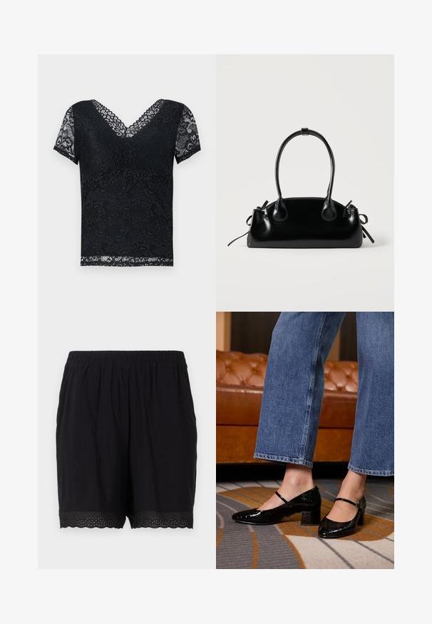 Top de encaje negro con escote en V y mangas cortas. Presenta patrones florales y bordes de encaje con forma de ola. Tejido semitransparente en toda su extensión.; Pantalones cortos de algodón negro con cintura elástica y dobladillo con puntas que presenta detalles perforados en los bordes. Tela suave y ligera.; Zapatos de charol negros con punta afilada, tacón cuadrado y correa en el tobillo, llevados con jeans de pierna ancha, sobre una alfombra estampada.; Pequeño bolso negro brillante con dos asas largas y detalles de cordón lateral sobre un fondo claro liso.
