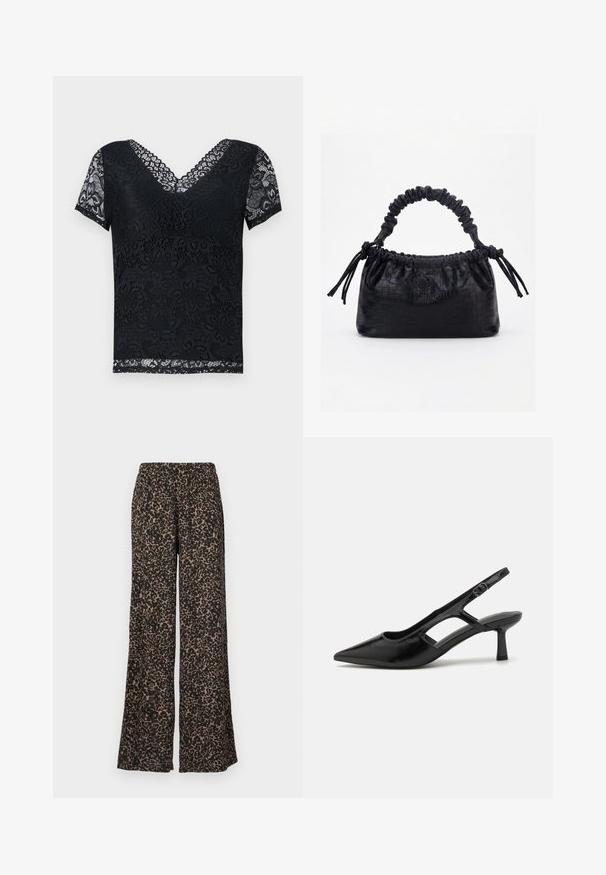 Sort blonde top med V-hals og korte ærmer. Har blomstermotiver og bølgede blondekanter. Halvtransparent stof hele vejen igennem.; Bukser med vide ben med leopardprint i jordfarver af brun og sort, lavet af et blødt, let stof med en elastisk talje.; Sorte slingback hæle med spidse tæer, lavet af blankt materiale, med udskæringsdetaljer og en moderat hæl for støtte.; Sort taske med krokodilletekstur, rynket øverste kant, samlet hank og snore med kvaster på hver side mod en hvid baggrund.