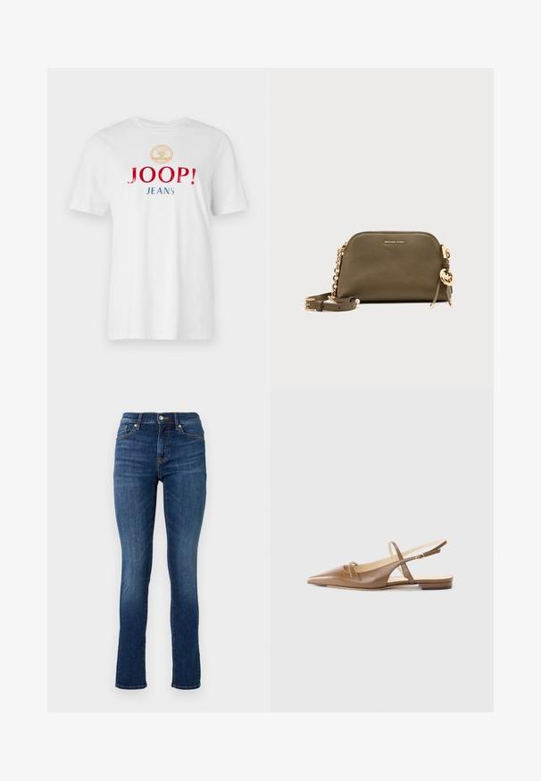 Hvid bomulds t-shirt med rund halsudskæring, korte ærmer og fed multicolour tekst: "JOOP!" i rød og "JEANS" i blå under et gyldent emblem.; Mørkeblå skinny jeans lavet af denim, med en standard talje, frontlommer og diskrete syninger.; Brune lædersandaletter med spidse tæer, to smalle stropper og en lav hæl. Glat tekstur med en poleret finish.; Olivengrøn læder Michael Kors crossbody taske med guldkæde-rem, gyldent logo vedhæng og lille præget mærkenavn foran.