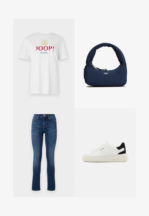 Valge puuvillane t-särk, millel on ümmargune kaelus, lühikesed varrukad ning silmapaistvad mitmevärvilised tekstid: "JOOP!" punases ja "JEANS" sinises all kuldse embleemi kohal.; Tumedad sinised kitsad teksad, mis on tehtud denimist, omavad standardset vööd, esi-taskuid ja delikaatseid õmblusestikusid.; Valged nahast tennisetossud paksu valge tallaga, musta sametist kontsakeeuga ja külje peal riigilogo reljeefne kujundus. Lukkeskeem kuue silmaauguga.; Tumesinist polsterdatud õlakott kõverate sangadega ja esiküljel lukuga taskuga, millel on ees keskosas valge "tommy jeans" logo.