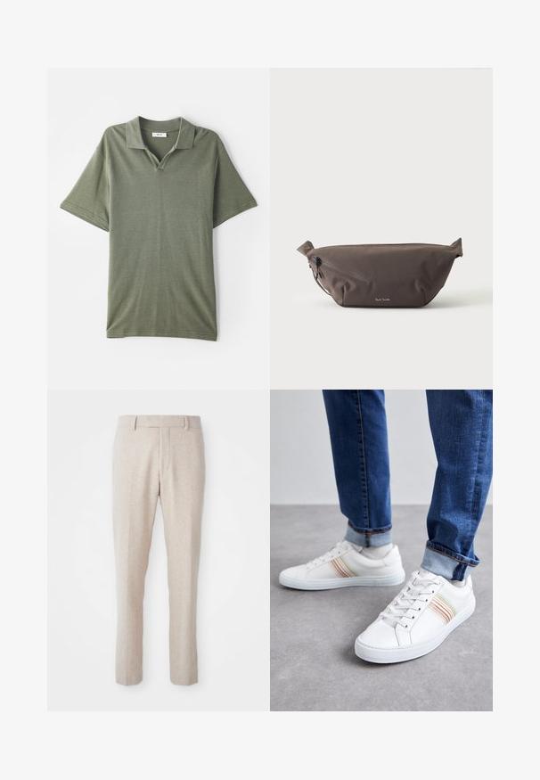Oliivinvihreä lyhythihainen polo-paita, jossa on kauluspääntie ja teksturoitu kangas. Paitassa on V-muotoinen avaus ja rento istuvuus.; Beige kudottu housu suoran mitoituksen kanssa, jossa on sileä etuosa, vyölenkit ja ei näkyviä kuvioita tai varusteita.; Valkoiset nahkalenkkarit, joissa on moniväriset raidat, nauhakiinnitys, kumipohja ja pehmustettu kaulus, yhdistettynä sinisiin farkkuihin.; Tummanruskea kangasvyölaukku, jossa vinosti sivussa vetoketjutasku ja pieni valkoinen logo edessä, vaaleaa yksiväristä taustaa vasten.