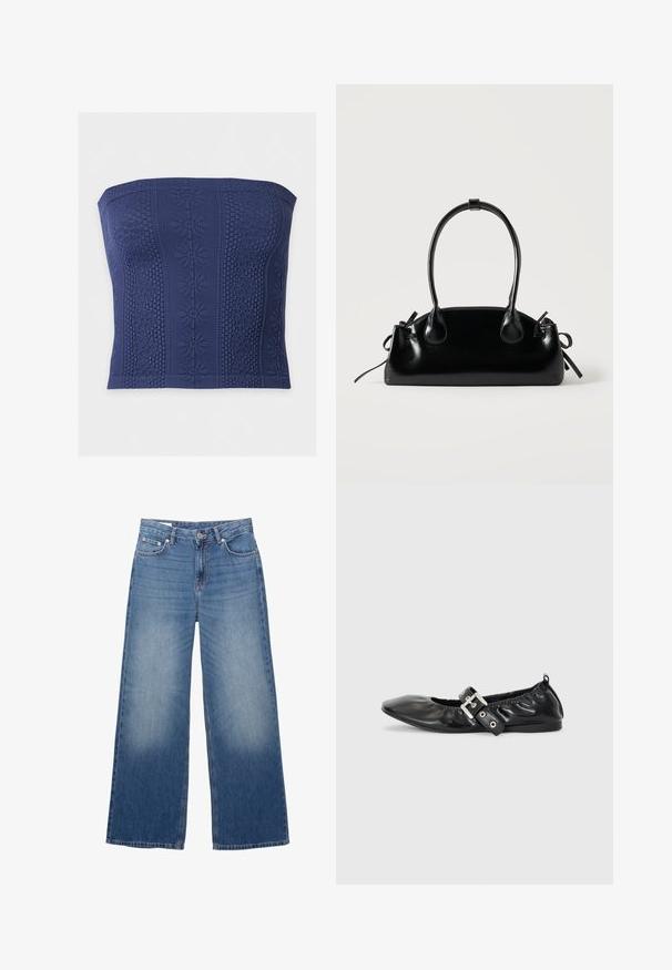 Mørkeblå stropløs top med et tekstureret blomstermønster og bikagemønster, med vertikale dekorative striber.; Blå brede jeans i denim med knap og lynlås foran, der har lommer foran og bagpå samt let falming på lårene.; Sorte læder flade sko med spids tå, samling detaljer omkring åbningen, og en sølv spænde accent på den justerbare rem.; Lille sort blank håndtaske med to lange håndtag og snøre-detaljer i siden på en ensfarvet lys baggrund.