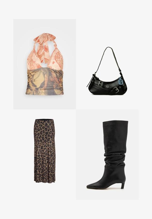 Jaded London KNOTTED BEACH CONTRAST - Top - multi coloured; Leopardprint nederdel i brune og sorte nuancer, med et flydende design og en subtil flæsekant, fremstillet af et let og blødt stof.; Sorte knæhøje støvler lavet af glat læder, med en slouchy design, spids tå og en lav stablet hæl.; Sort syntetisk håndtaske med en buet form, justerbar rem og dekorative metalspænder. Har en glat, blank tekstur.