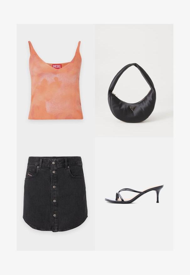 Débardeur orange à côtes avec un col en V et des fines bretelles. Présente un motif délavé subtil et une étiquette rouge avec le nom de la marque "DIESEL".; Jupe en denim noire, courte, avec des boutons métalliques à l'avant, deux poches avant, passants de ceinture et ourlet arrondi.; Sandale à talon en cuir verni noir avec fines lanières croisées et talon aiguille moyen et élancé sur fond blanc.; Sac à main en satin noir avec une forme courbée, doté d'une fermeture à glissière et d'un logo triangulaire en métal à l'avant. Texture lisse et design épuré.