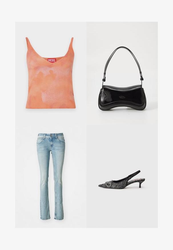 Koorange lõhikuga tank top, millel on V-kaelus ja õhukesed rihmad. Omab peent tuhmistunud mustrit ja punast sildi, millel on kaubamärk "DIESEL."; Heledad sinine teksapüksid, bootcut disain, viie tasku stiil, kulunud detailid, lukuga ja nupuga sulgemine, peened õmbluse aktsendid, keskmine põletus.; Must sanga-tipuga madala kitten kontsaga, teravaotstega, tekstuurse mustriga ja hõbedase pandlaga valgel taustal.; Must musta nahk käekott, millel on kumer kuju, üks käepide ja ümardatud põhi. Ees on peen logo detail.