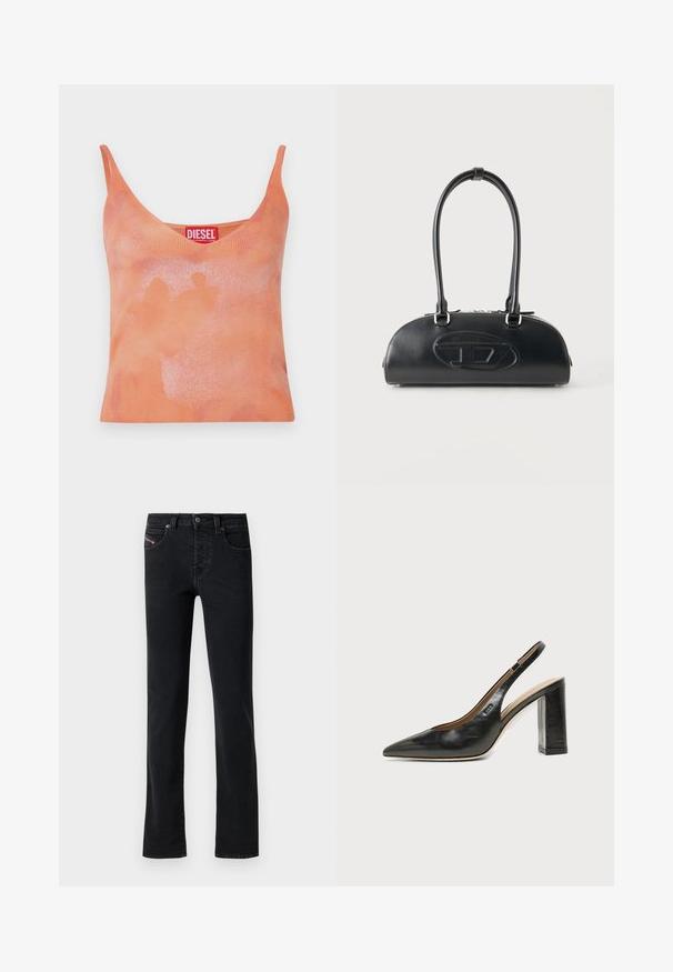 Orange ribbet tanktop med V-udskæring og tynde stropper. Har et diskret falmet mønster og et rødt mærke med brandnavnet "DIESEL."; Sort denim jeans med lige snit, som har fem lommer og subtile syninger. Stoffet har en glat tekstur og minimal falmen.; Sort læder peep-toe slingback sko med høj blokhæl og beige indvendig foring mod en ensfarvet lys baggrund.; Sort læderhåndtaske med lange dobbelte håndtag og præget ovalt logo foran, vist mod en ensartet lys baggrund.