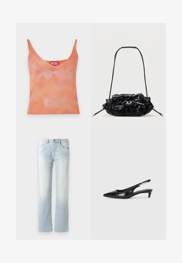 Top de tirantes acanalado naranja con escote en V y tirantes finos. Presenta un patrón sutil desvanecido y una etiqueta roja con el nombre de la marca "DIESEL."; Jeans de mezclilla de color azul claro con un diseño de pierna recta, que presentan un efecto de desvanecimiento, cinco bolsillos y un cierre de botón en la parte frontal.; Tacones negros de piel sintética tipo slingback con punta afilada, que cuentan con un tacón delgado y un detalle en tono dorado en la correa ajustable. Textura suave.; Bolso de mano de cuero negro con diseño fruncido y detalle de lazo en la parte frontal. Cuenta con un asa corta y detalles metálicos en color plata.