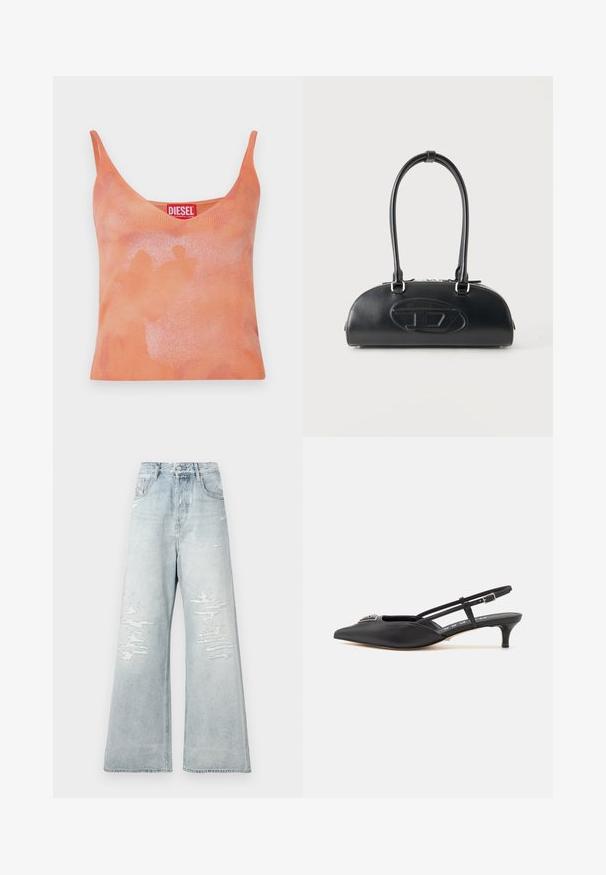 Top de tirantes acanalado naranja con escote en V y tirantes finos. Presenta un patrón sutil desvanecido y una etiqueta roja con el nombre de la marca "DIESEL."; Jeans de tiro alto de pierna ancha en un tono azul claro, con parches desgastados en los muslos frontales y estilo de cinco bolsillos, sobre un fondo blanco liso.; Zapatos slingback negros con punta afilada, hechos de material suave, con un pequeño tacón y un acento decorativo plateado en el empeine.; Bolso de cuero negro con asas largas dobles y logo ovalado en relieve en la parte delantera, mostrado sobre un fondo claro y liso.