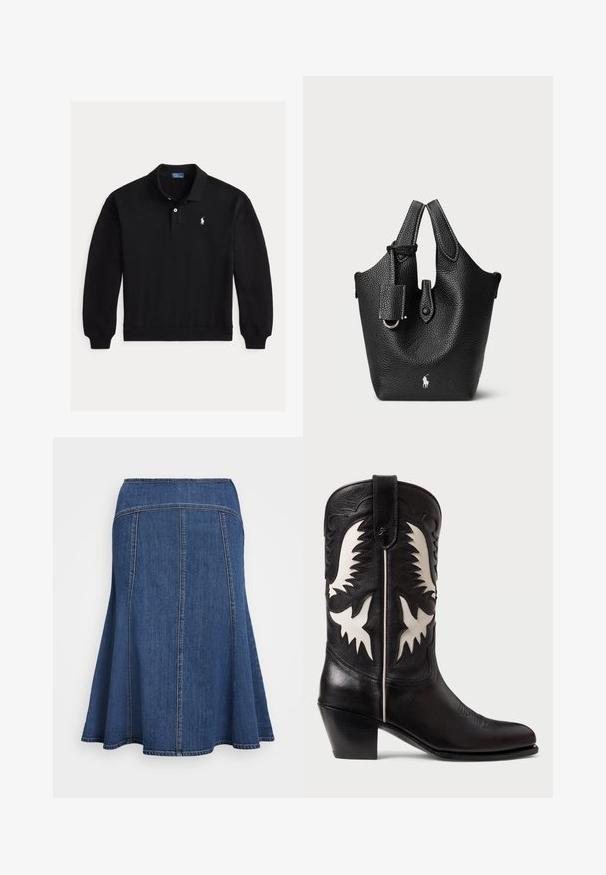 Polo noir à manches longues avec poignets côtelés, patte à deux boutons et petit logo blanc brodé sur la poitrine gauche.; Jupe en denim avec une silhouette évasée, de couleur bleu foncé, dotée d'une taille haute et de détails de couture visibles le long des coutures.; Bottes de cowboy en cuir noir avec des accents angulaires blancs, présentant une broderie décorative, un bout pointu et un petit talon empilé.; Sac seau en cuir noir avec une finition texturée, doté de poignées courtes, d'une bandoulière amovible et d'un accent logo en argent à la base.