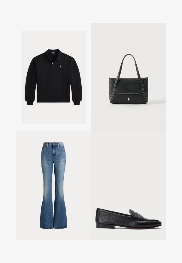 Sort polo med lange ærmer, ribstrikkede manchetter, to-knaps lukning og lille hvid broderet logo på venstre bryst.; Højtaljede blå jeans i denim med klokkeformede ben og let falmet område foran på låret, vist mod hvid baggrund.; Sorte læder loafers med struktureret finish, der har en dekorativ rem og flad hæl. Slank, minimalistisk design med rund tå.; Sort læderhåndtaske med to håndtag, frontklap med knaplukning, hvide syninger og lille hestelogo på ensfarvet baggrund.