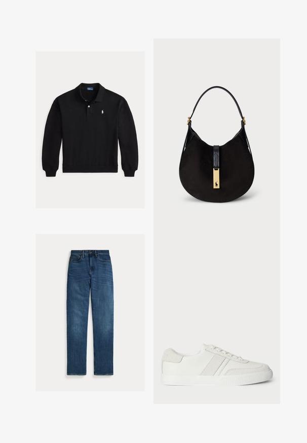 Musta pitkähihainen poolopaita resorireunuksilla, kaksinappisella läpällä ja vasemmassa rinnassa pienellä valkoisella kirjotulla logolla.; Suorat siniset denim-farkut, joissa on viisi taskua, nappisuljenta ja hienovarainen haalistuma reiden ja polvien kohdalta, asetettuna tasaisesti valkoiselle taustalle.; Valkoiset lenkkarit, joissa on sileä nahkapinta, nahkaeleet ja litteät kengännauhat. Varustettu teksturoidulla kumipohjalla ja minimalistisella muotoilulla.; Musta nubukista tehty olkalaukku, jossa on kaareva muoto, sileä mustasta nahasta valmistettu hihna ja kultainen koruosuus, jossa on logoyksityiskohta.