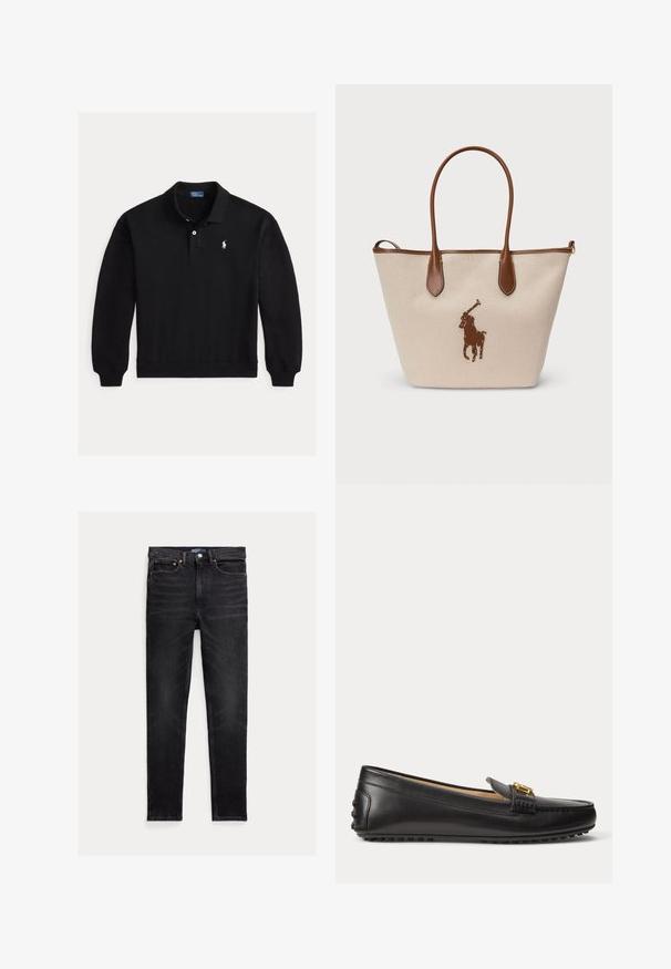 Sort polo med lange ærmer, ribstrikkede manchetter, to-knaps lukning og lille hvid broderet logo på venstre bryst.; Slim-fit sorte jeans med fem lommer, knaplukning og Polo mærke på linningen, lagt fladt på en hvid baggrund.; Sort læderloafer med guldbeslag og gummisåle med nitter, vist fra siden på hvid baggrund.; Beige lærreds-totepose med brune læderdetaljer og håndtag, med en brun broderet polo-spillerlogo på forsiden.