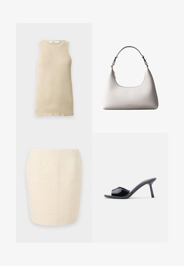 Beige ribbattu toppi ilman hihoja, jossa on pyöreä kaula-aukko, tiukka istuvuus ja sileä tekstuuri, ideaalinen kerrospukeutumiseen tai lämpimille säille.; Kudottu kerma-valkoinen kynä-hame, jossa on teksturoitu pinta, suora siluetti ja hienovaraiset pystysuorat viivat kauttaaltaan.; Musta kiiltävä patenttinahasta valmistettu avokärkinen korkokenkä, jossa on käyrä yläosa ja kapeneva piikkikorko. Sileä kiiltävä pinta.; Kermanvärinen Calvin Kleinin nahkainen olkalaukku kaarevalla yläreunalla, hopeanvärisellä vetoketjulla ja tummanruskealla säädettävällä hihnalla.