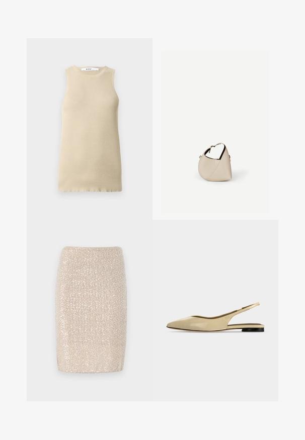 Beige soonikuta silmadega topp, ümmarguse kaelusega, millel on tihe istuvus ja sile tekstuur, ideaalne kihtidena kandmiseks või sooja ilma jaoks.; Kergedbeige pliiatsseelik, millel on vormiv disain, kaetud väikeste, peegeldavate päikesekildudega, sile tekstuur ja sirge serv.; Beež värvi terava nina, madala musta kontsaga ja sileda nahkpinna ning rihmaga tasapinnaline king side-vaates tavalise taustaga.; Beežist nahast poolkuukujuline õlakott, millel on üks õlarihm ja minimaalne õmblemine, valgel taustal.