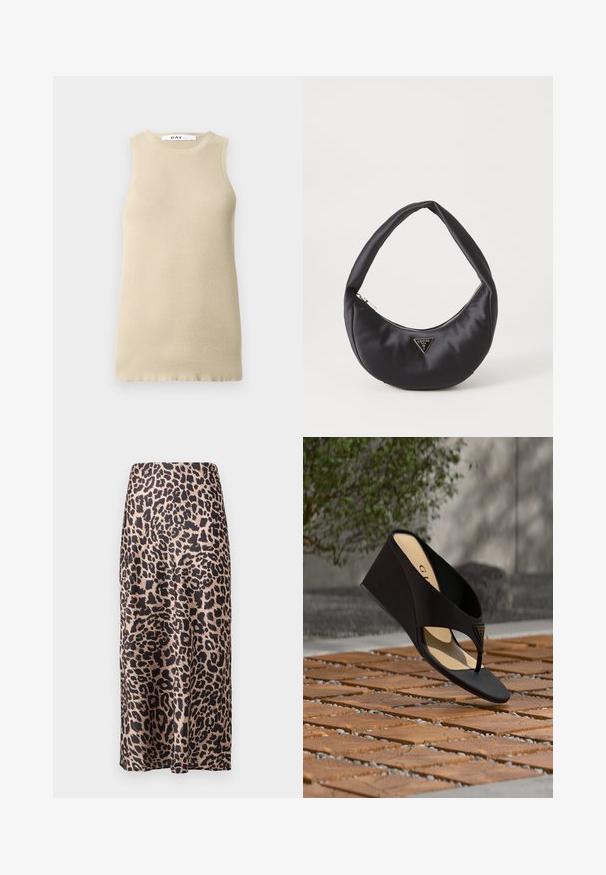 Beige ribbet ærmeløs top med rund halsudskæring, der har en tætsiddende pasform og glat tekstur, ideel til lag-på-lag eller varmt vejr.; Leopardprint satin nederdel med høj talje, knælang silhuet, blank tekstur og en flydende design.; Sort kile-sandal med tårem og gyldent trekantet logoemblem, vist over tekstureret murstensgrund med grønt område og væg i baggrunden.; Sort satin håndtaske med en buet form, der har en lynlåslukning og et trekantet logo i metal på forsiden. Glat tekstur og slankt design.