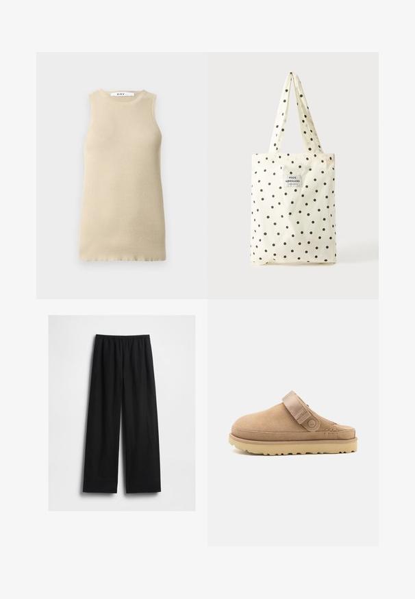 Top sin mangas de canalé beige con cuello redondo, que presenta un ajuste ceñido y una textura suave, ideal para superponer o para climas cálidos.; Pantalones negros de pernera ancha con cintura elástica, mostrados extendidos sobre un fondo blanco.; Zueco de ante en beige con parte superior texturizada, correa ajustable y una suela de goma robusta con un patrón de tacos para un mejor agarre.; Bolso tote color crema con lunares negros y asas largas, con una etiqueta blanca con el texto "Mads Nørgaard Copenhagen".