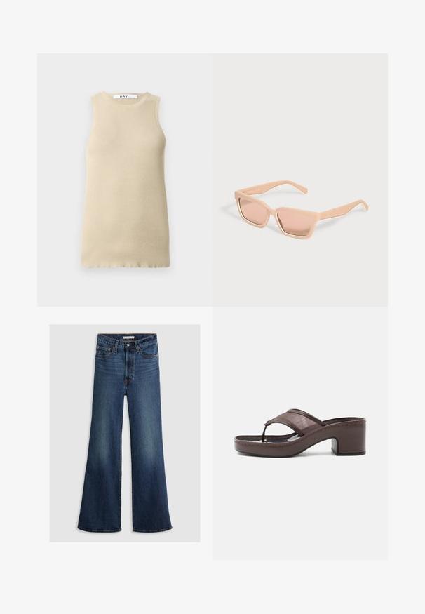 Beige geribbelde mouwloze top met een ronde halslijn, met een snug fit en een gladde textuur, ideaal voor lagen of warm weer.; Wijde jeans in donkerblauw denim, met een hoge taille, vijf zakken en contrasterend stiksel langs de naden en tailleband.; Bruine sandaal met hak, voorzien van een mesh bandje en teenslipperontwerp, met blokhak en gestikte zool, zijaanzicht op witte achtergrond.; Rechthoekige lichtperzikkleurige zonnebril met dikke monturen en bijpassende getinte glazen op een effen lichte achtergrond.