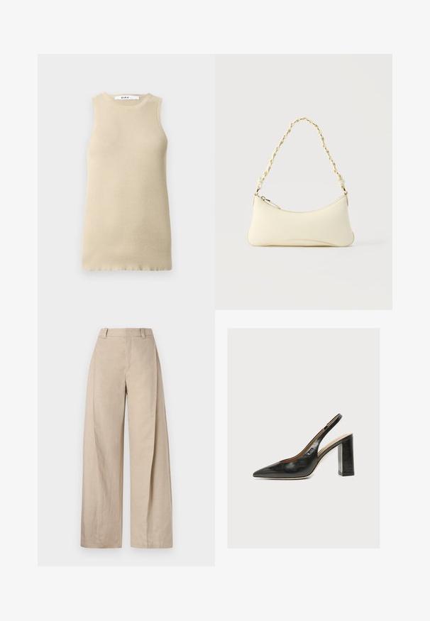 Haut sans manches beige à côtes avec col rond, présentant une coupe ajustée et une texture lisse, idéal pour le superposé ou les temps chauds.; Pantalons larges en lin beige à taille haute, avec une texture lisse et des lignes épurées, conçus pour un ajustement décontracté.; Escarpin slingback en cuir noir pour femme avec bout pointu et talon bloc épais et haut sur fond blanc.; Petit sac à main couleur crème avec une forme incurvée et une poignée en chaîne torsadée ton or, fermeture éclair sur le dessus