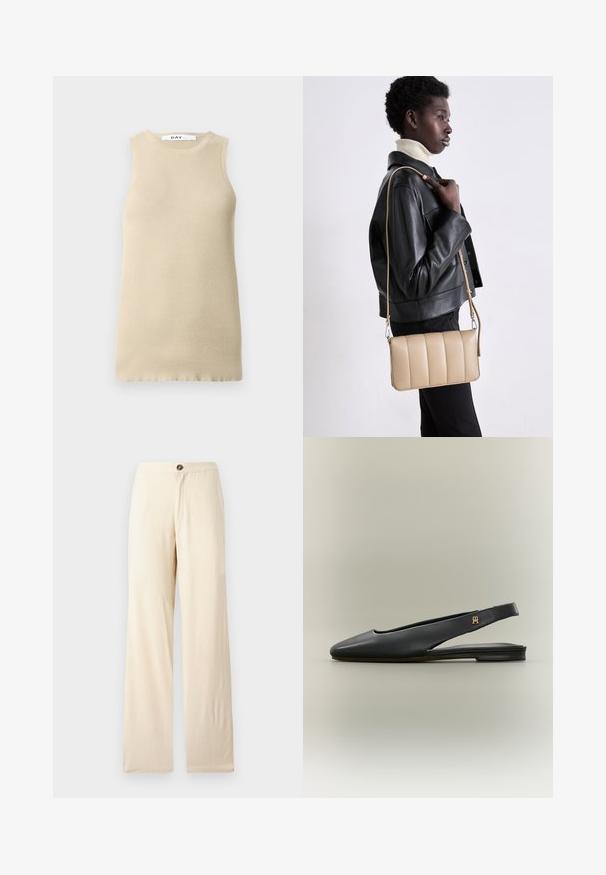 Beige geribbelde mouwloze top met een ronde halslijn, met een snug fit en een gladde textuur, ideaal voor lagen of warm weer.; Beige, wijde broek gemaakt van lichtgewicht stof. Voorzien van een knoopsluiting aan de voorkant en rechte zoom. Gladde textuur met minimale naden.; Zwarte leren slingback platte schoen met spits toelopende neus en gouden logo-accent op het bandje, weergegeven op een neutrale achtergrond.; Beige leren crossbody tas met een gequilt ontwerp, rechthoekige vorm, dunne schouderband en zilverkleurige hardware, gedragen door een persoon in een zwarte jas.