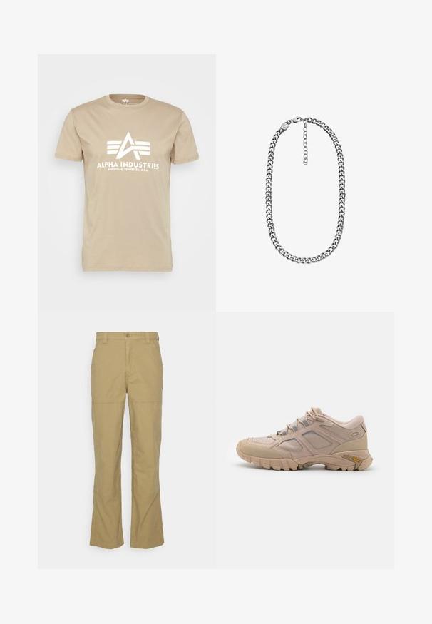 T-shirt en coton beige avec un graphique blanc sur le devant affichant le texte "ALPHA INDUSTRIES" et un logo triangulaire. Manches courtes, col rond.; Pantalons en coton kaki à coupe droite, dotés de deux poches latérales, d'une fermeture à bouton et d'une couture au genou pour un détail de design supplémentaire.; Baskets de sport beiges avec une tige en maille texturée, revêtement synthétique et semelle extérieure Vibram. Comprend un système de laçage et des détails sur les panneaux latéraux.; Collier chaîne curb ton argent avec fermoir mousqueton et chaîne d'extension réglable sur fond blanc.