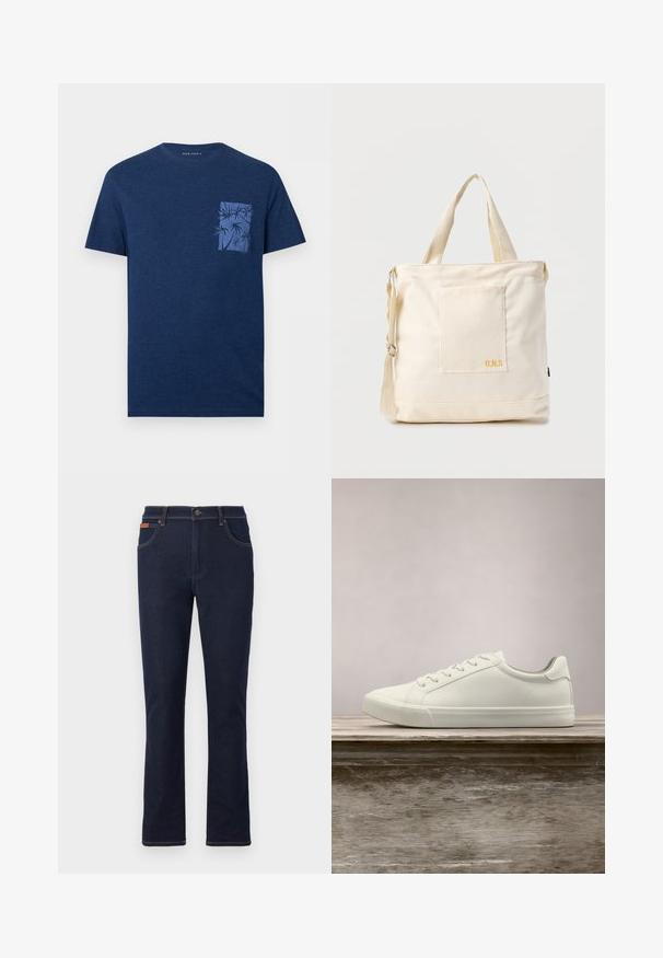 Marineblaues T-Shirt mit kurzen Ärmeln, Rundhalsausschnitt und kleiner Brusttasche mit blauem Palmen-Grafikdruck.; Dunkelblaue Jeans mit geradem Bein, vorderem Knopf und Reißverschluss, Taschen vorne und hinten sowie braunen Nähten.; Weiße Schnürsneaker, die über einer Holzbank mit grünem Laub im Hintergrund schweben und das Schuhdesign sowie die Textur zeigen.; Beige Canvas-Shopper mit Fronttasche, zwei Griffen, verstellbarem Schulterriemen und kleinem gelbem "O.N.S"-Text unten rechts auf der Tasche.