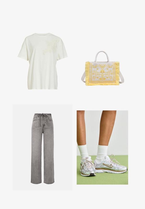 Wit T-shirt met korte mouwen, een ronde hals en een subtiele kanten bloemenapplicatie op de bovenste linkerborst.; Grijze denim jeans met hoge taille en wijde pijpen, voorzien van een stoffen riem die aan de voorkant is gestrikt en voorzakken.; Zilveren sportschoenen met witte en gouden accenten, voorzien van een mesh bovenkant, rubberen zool en een reflecterende afwerking. Sokken zichtbaar boven de enkel.; Beige stoffen handtas met gele bloemenborduursel, gele franjes aan de randen, bovenhandvatten en een verstelbare schouderriem.
