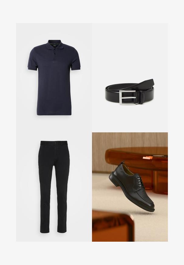 Polo de color azul marino hecho de algodón, con cuello plano, tapeta de tres botones y logo bordado en el pecho. Mangas cortas.; Chinos de algodón negros con un corte ajustado, que cuentan con una cintura estándar, bolsillos frontales y un solo bolsillo trasero. Textura suave y detalles mínimos.; Zapato de vestir negro de piel con cordones y parte delantera texturizada, flotando sobre una alfombra beige en una habitación moderna con muebles de tono ámbar.; Cinturón de cuero negro con un acabado brillante; cuenta con una hebilla de metal plateado con un diseño de marco rectangular y bordes suaves.