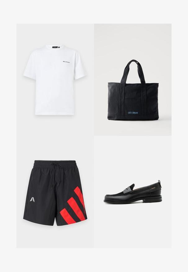Weißes T-Shirt mit Rundhalsausschnitt und kurzen Ärmeln, mit kleinem schwarzen "BELSTAFF"-Textlogo auf der linken Brust.; Schwarze Badehosen mit einem elastischen Bund, Kordelzug und roten diagonalen Streifen auf der linken Seite. Verfügt über ein kleines weißes Logo auf der Vorderseite.; Schwarzer Lederloafer mit grauem Riemendetail, niedrigem Absatz und strukturierter Sohle, seitlich mit „HUGO“ in Gold gebrandmarkt.; Schwarze Canvas-Tragetasche mit zwei Henkeln, Fronttasche und „LES DEUX“ in Blau auf der Fronttasche bestickt.