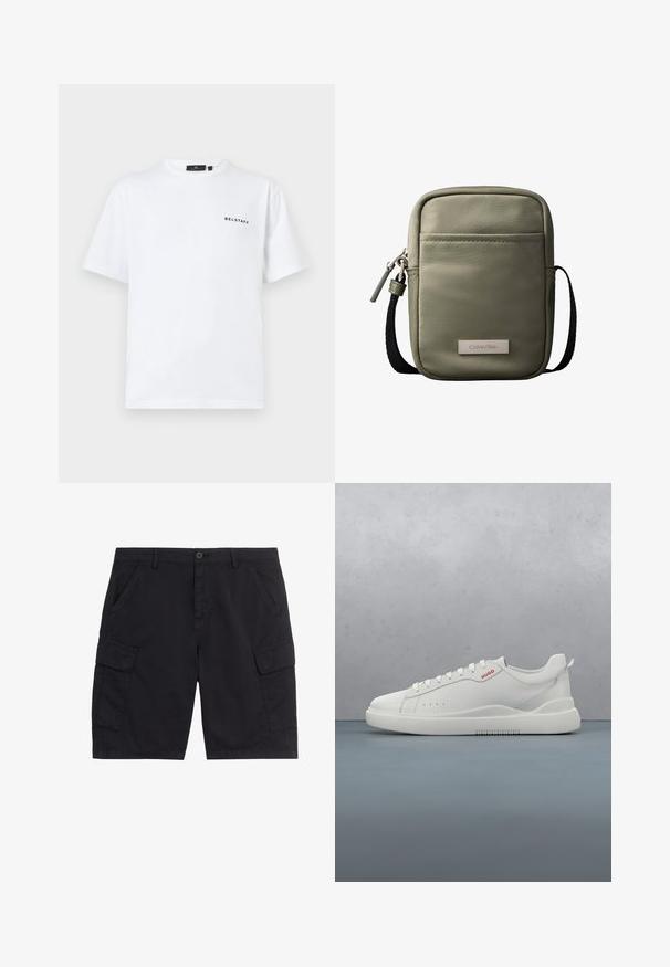 T-shirt blanc à col rond et manches courtes avec un petit logo "BELSTAFF" en texte noir sur la poitrine gauche.; Shorts cargo noirs avec bouton et fermeture éclair à l'avant, deux poches latérales, deux poches cargo à rabat et passants pour ceinture.; Sneaker blanche avec une finition en cuir lisse, bout rond, quatre œillets, perforations subtiles et un détail de logo rouge sur le côté.; Sac bandoulière compact vert olive avec poche avant, sangle noire réglable, fermeture zippée et plaque logo Calvin Klein.