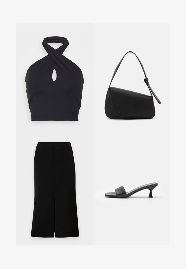 ONLY ONLEA TWIST - Μπλούζα - black; Μαύρη φούστα μέχρι το γόνατο με ευθεία γραμμή, που διαθέτει άνοιγμα μπροστά, λεία υφή και ραμμένο ζωνάκι.; Μαύρες μπαλαρίνες με τακούνι, από λείο, ματ δέρμα, ανοιχτή μύτη, πλατύ λουρί πάνω στη πτέρνα και λεπτό, τετράγωνο τακούνι.; Μαύρη δερμάτινη τσάντα χειρός με τριγωνικό σχήμα, γωνιακή καπάκι και στρογγυλή λαβή στην κορυφή. Διαθέτει λεία υφή και μινιμαλιστικά σχεδιαστικά στοιχεία.