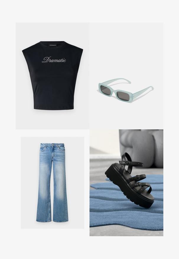 Even&Odd by Zalando T-Shirt print - black; Hellblaue Jeans im Schlag, mit verblasster Textur, hohem Bund und fünf Taschen, ausgestattet mit einem Knopf- und Reißverschluss.; Schwarze Plateausandale mit drei verstellbaren Riemen und Schnallen, platziert auf einem strukturierten blauen Teppich mit unscharfem Hintergrund.; Ein Paar rechteckige Sonnenbrillen mit lichtblauen, halbtransparenten Rahmen und dunkelgrauen Gläsern, ausgestattet mit geraden Bügeln und minimalen Hardware-Details.