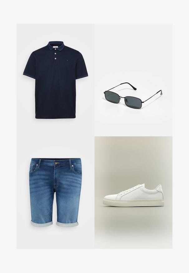 Marineblå polo shirt lavet af blødt stof, med klassisk krave, tre-knap lukning og kontraststribede detaljer på ærmerne.; Denim shorts i mellemblå med en let fading, der har knappelukning, fem lommer og opsmøgte kanter for et afslappet look.; Hvid lavtop sneaker med snørebånd foran og tyk sål, vist fra siden mod en neutral baggrund.; Sorte rektangulære solbriller med tynd metalramme og mørke linser, der hviler på en hvid overflade.