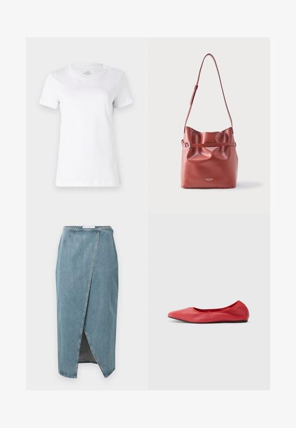 Camiseta de algodón blanca con mangas cortas y escote redondo. Presenta un logo bordado sutil en el frente.; Falda de mezclilla en azul claro con diseño envolvente, con costuras visibles, una abertura frontal y una cintura ajustada.; Filippa K REY FLATS - Bailarinas - bright red; Bolso de hombro de cuero marrón con correa ajustable, parte superior fruncida y un detalle de cinturón delgado a lo largo del centro, grabado con el logotipo de la marca.