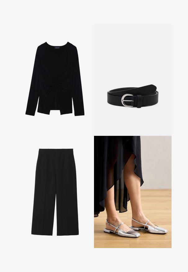 Haut à manches longues noir en tissu doux et extensible, présentant un design avant torsadé et un col rond. L'étiquette indique "ANNA FIELD."; Pantalons larges noirs en tissu lisse, avec deux poches avant, un devant plat, et une fermeture éclair sur le côté.; Chaussures plates métalliques argentées avec un design à bout carré, une lanière arrière et des accents découpés. Texture lisse sur un sol en bois.; Ceinture en cuir noir avec une boucle ronde en métal argenté, design plat, extrémité effilée, texture lisse et style minimaliste.