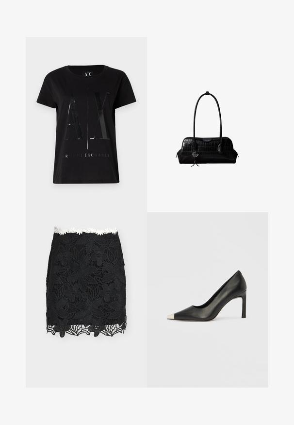 T-shirt en coton noir à manches courtes, arborant un grand logo "AX" brillant et le texte "ARMANI EXCHANGE" au centre.; Mini-jupe en dentelle noire à motifs floraux avec un bord en marguerites blanches à la taille, présentant des détails découpés complexes le long de l'ourlet.; Chaussure à talon haut en cuir noir avec bout pointu et capuchon argenté métallique. Présente une finition lisse et un talon fin de 10 cm.; Sac à épaule en cuir noir à texture crocodile, avec de longues sangles et un petit charm logo argenté sur une sangle.