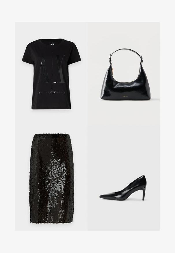 T-shirt en coton noir à manches courtes, arborant un grand logo "AX" brillant et le texte "ARMANI EXCHANGE" au centre.; Jupe crayon en sequins noirs avec un design ajusté. Présente des sequins denses et réfléchissants créant une surface texturée. Doublure intérieure lisse.; Chaussure à talon haut en cuir noir avec un bout pointu, texture lisse et un talon effilé. Design minimaliste, sans embellissements supplémentaires.; Sac à main Calvin Klein noir brillant avec fermeture éclair dorée et anse courte sur fond blanc uni.