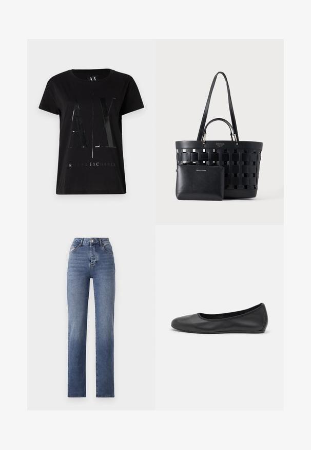 Zwarte katoenen t-shirt met korte mouwen, voorzien van een glanzend, groot "AX" logo en de tekst "ARMANI EXCHANGE" in het midden.; Hoge taille blauwe jeans met een recht model, gemaakt van denim. Kenmerken zijn subtiele wassing en klassieke vijf-pocket styling.; Zwarte leren ballerina met een ronde neus, gladde textuur, minimale stikdetails en een flexibele zoolontwerp.; Zwarte geweven tote tas met dubbele handvatten en een kleine bijpassende ritszak aan de voorkant, beide gemaakt van leer.