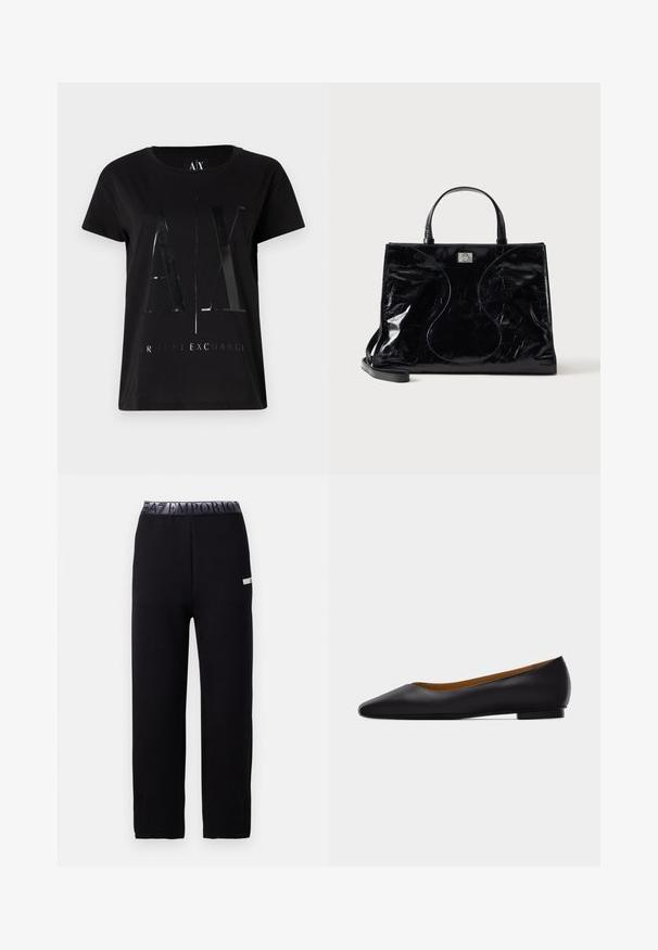 Camiseta de algodón negra de manga corta, con un gran logo brillante "AX" y el texto "ARMANI EXCHANGE" en el centro.; Pantalones de chándal negros con una textura suave y elegante, que presentan una cinturilla elástica con un logotipo y un detalle lateral. Diseño de pierna recta.; Zapato plano de punta puntiaguda de cuero negro con tacón bajo y acabado liso, mostrado de perfil sobre un fondo gris claro.; Bolso de mano de piel negra brillante con asas cortas, bandolera desmontable y detalles sutiles de costuras curvas en la parte delantera.