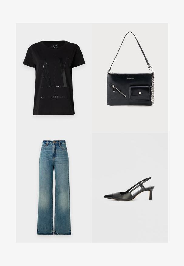 Camiseta de algodón negra de manga corta, con un gran logo brillante "AX" y el texto "ARMANI EXCHANGE" en el centro.; Jeans de mezclilla de tiro alto y pierna ancha de color azul claro, con cinco bolsillos y dobladillos ligeramente deshilachados, que exhiben un acabado texturizado y desgastado.; Zapato slingback de cuero negro con punta afilada, con un acento brillante en la puntera y un tacón de altura media. Diseño con lateral abierto.; Bolso de hombro de cuero negro de Michael Kors con cremallera superior, bolsillo diagonal en la parte frontal con cremallera, bolsillo con solapa y botón a presión, y detalle de cadena plateada.