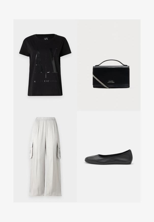 T-shirt en coton noir à manches courtes, arborant un grand logo "AX" brillant et le texte "ARMANI EXCHANGE" au centre.; Pantalons larges gris clair en tissu lisse, dotés d'une taille élastique et de deux poches cargo latérales.; Ballerines en cuir noir avec un bout rond, texture lisse, détails de couture minimalistes et design de semelle flexible.; Sac à main en cuir noir avec une finition brillante, doté d'une poignée supérieure et d'une bandoulière chaîne argentée. Comprend un logo embossé sur le devant.