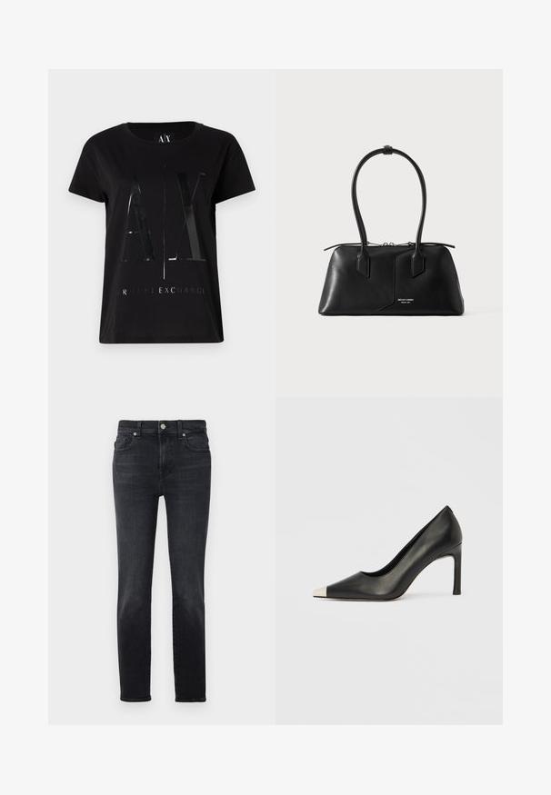 Sort bomulds t-shirt med korte ærmer, der har et glansfuldt, stort "AX" logo og teksten "ARMANI EXCHANGE" i midten.; Sorte denimjeans med lige ben, der har knaplukning, fem lomme-design og subtile sømdetaljer.; Sort læder højhælet sko med spids tå og metal-sølv hætte. Har en glat finish og en slank hæl på 10 cm.; Sort læderhåndtaske med to lange afrundede håndtag, lynlås og lille hvid logo tekst foran i midten.