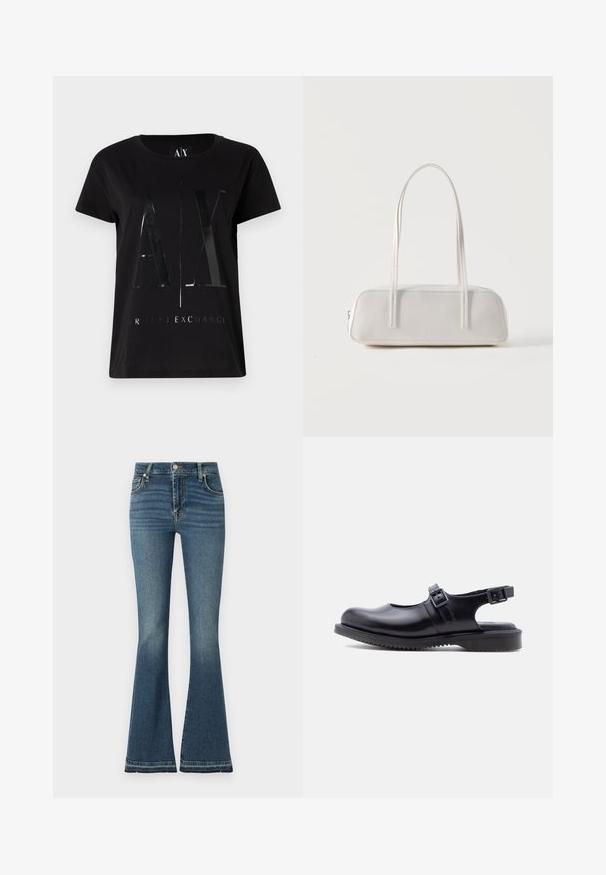 Zwarte katoenen t-shirt met korte mouwen, voorzien van een glanzend, groot "AX" logo en de tekst "ARMANI EXCHANGE" in het midden.; Uitlopende jeans in middelblauwe denim met hoge taille, subtiele wassing, vijf-pocket ontwerp en zichtbare stikseldetails.; Zwart leren Mary Jane-schoen met twee verstelbare gespsluitingen en een dikke, gegroefde rubberen zool.; Witte rechthoekige schoudertas met lange dunne bandjes, minimale stiksels en ritssluiting op een effen achtergrond.