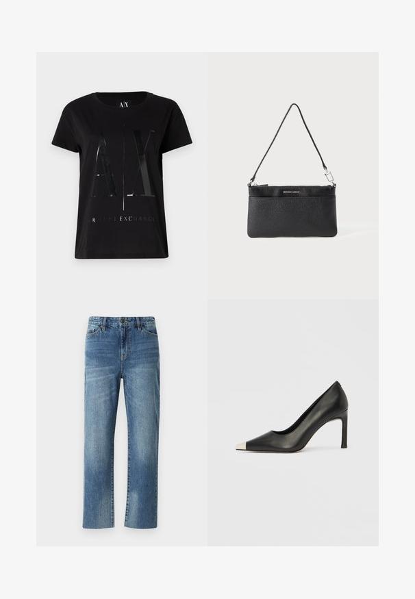 Sort bomulds t-shirt med korte ærmer, der har et glansfuldt, stort "AX" logo og teksten "ARMANI EXCHANGE" i midten.; Blå denimjeans med lige ben, der har en knaplukning, frontlommer og en falmet tekstur over det hele.; Sort læder højhælet sko med spids tå og metal-sølv hætte. Har en glat finish og en slank hæl på 10 cm.; Sort læder håndledspung, tekstureret overflade, lynlås lukning, sølvfarvet hardware, mærkelogo, justerbar rem. Kompakt og rektangulær form.