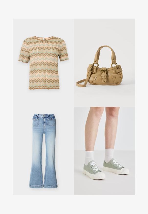 Haut en maille à manches courtes avec motif en zigzag dans des tons beige, vert clair et marron, doté d'un col rond et de bords festonnés.; Jean denim bleu clair taille haute avec jambes larges, deux poches à rabat à boutons à l'avant, et une fermeture à bouton et zip.; Baskets en toile vert clair avec semelles et lacets en caoutchouc blanc. Présentent un bout arrondi et une semelle texturée blanche. Accompagnées de chaussettes blanches.; Sac à main en cuir beige avec double poignées, boucle en laiton et détails rivetés, ainsi qu'une bandoulière réglable sur fond blanc.