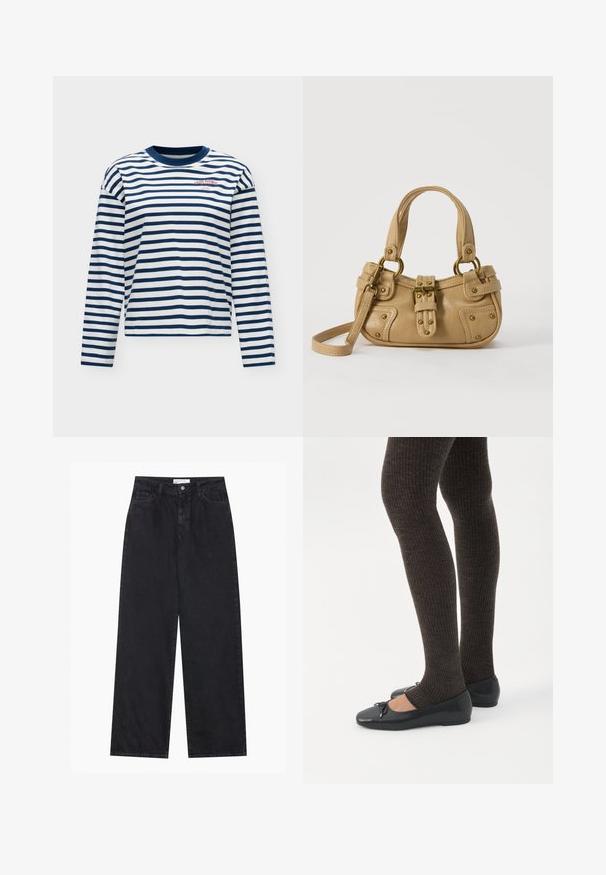 Wit overhemd met lange mouwen met marineblauwe horizontale strepen en marineblauwe kraag, met kleine rode tekst "PARK AVENUE" op de bovenste linkerborst.; Zwarte high-waisted spijkerbroek met wijde pijpen, frontknopen en ritssluiting, ceintuurlussen en een vijf-pocket stijl.; Benen met donkere geribbelde leggings gecombineerd met zwarte ballerina's met kleine strikdetails op een witte achtergrond.; Beige leren handtas met dubbele handvatten, messing gesps en klinknagel details, en een verstelbare schouderriem tegen een witte achtergrond.