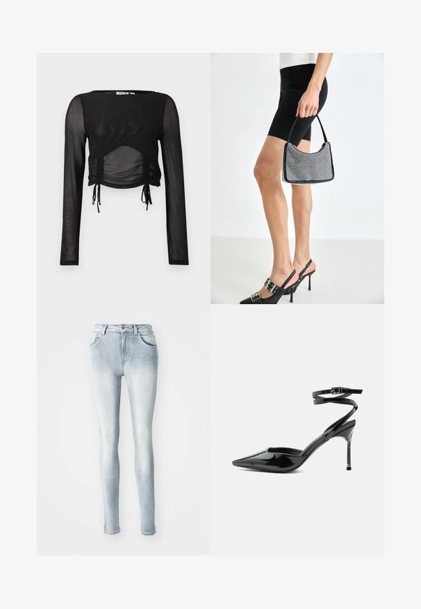 Zwart langslavgemiddeld cropped top met doorzichtig materiaal, geplooide details aan de zijkanten en verstelbare strikjes aan de onderrand. Soepele textuur over het geheel.; Lichtblauwe skinny jeans van denim, met een hoge taille, vijf zakken en subtiele vervaging langs de dijen. Verweerd zoomdetail.; Zwarte lakleren pumps met spitse neus, hoge naaldhak, dunne enkelbandjes en een kleine gesp.; Zwarte beaded handtas met een gebogen silhouet, draaghandvat en glanzende textuur. Draagt bij hoge zwarte hakken en strakke zwarte shorts.